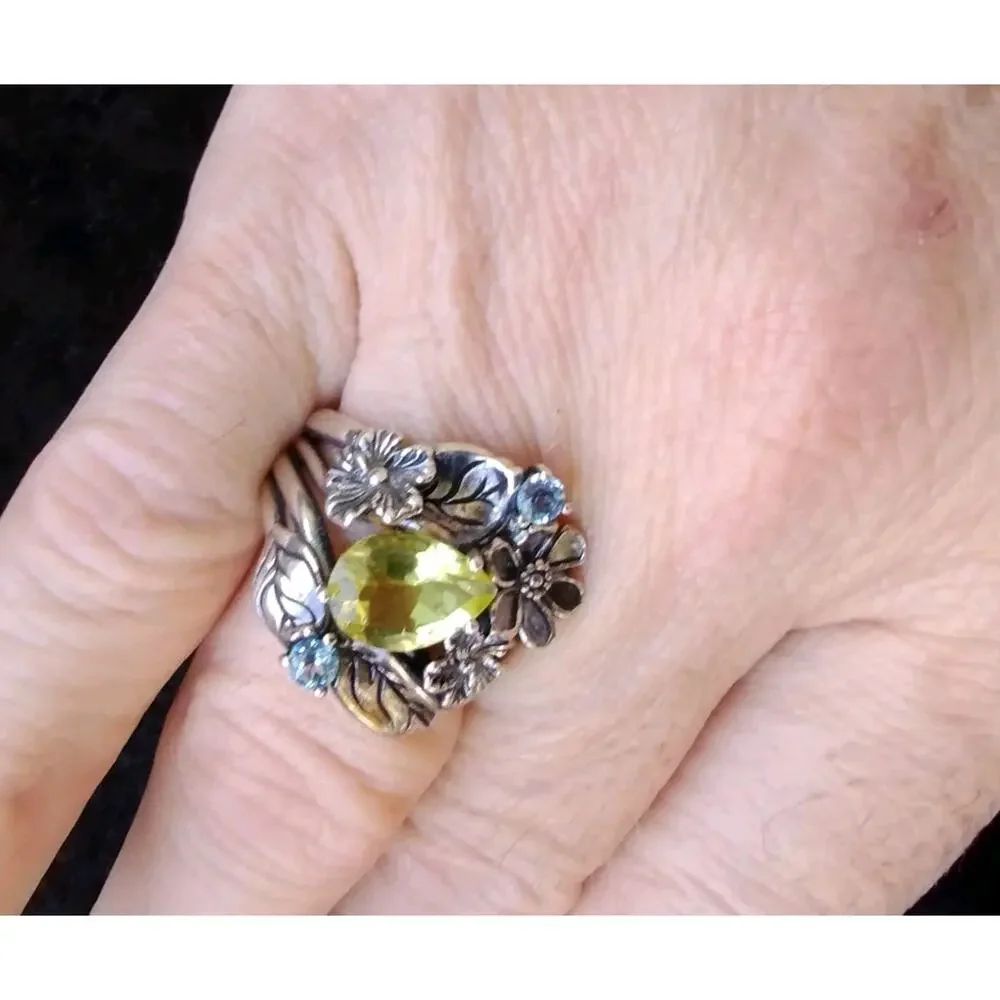 OR PAZ STERLING 925 FLORAL LEMON QUARTZ & BLUE TOPAZ GEMSTONE RING Sz 9.25
